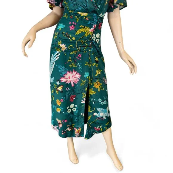 SOLD * MAEVE ANTHROPOLOGIE Emerald Green Floral Bird Butterfly Dress - Picture 4 of 17